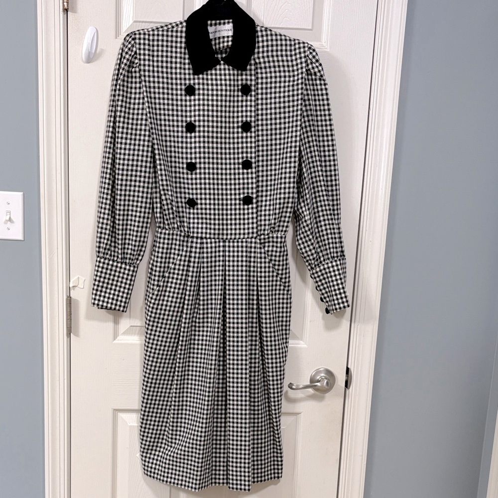 Nipon Boutique Vintage Long Sleeve Dress Black and White gingham Check Pattern